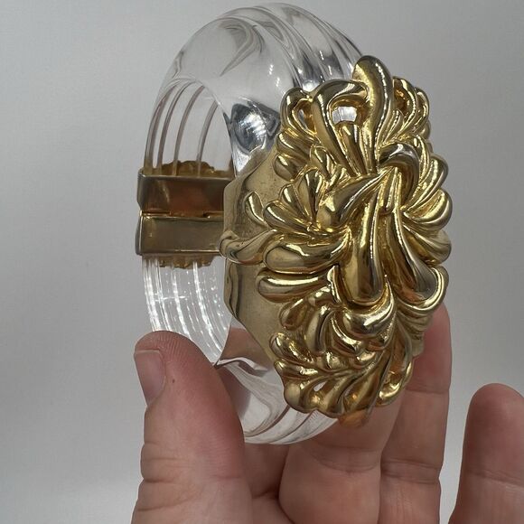 Vintage Inna Cytrine Heavy Lucite And Gold Tone Swirl Bangle Bracelet Chunky Big - Picture 14 of 14